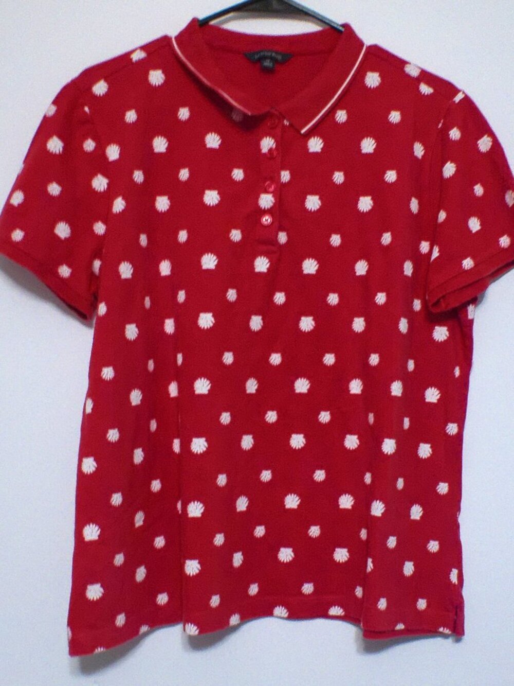 Lands’ End Polo Shirt Women’s Size 18 Plus Size XL Red Seashell Print Cotton Ble
